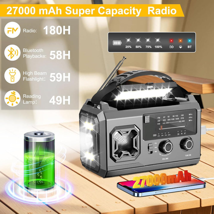 27000mAh Kurbelradio,FM/AM Notfall Radio mit Bluetooth,Tragbar Solar Radio mit Handy-Ladegerät,Emerg
