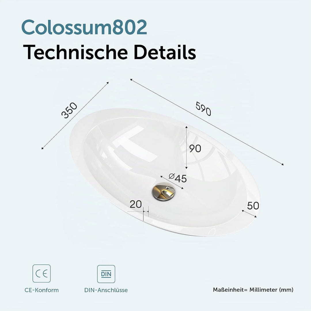 BTH: 59x35x11 cm Design Aufsatzwaschbecken Colossum802, aus Gussmarmor, Waschtisch, Waschplatz, Wasc