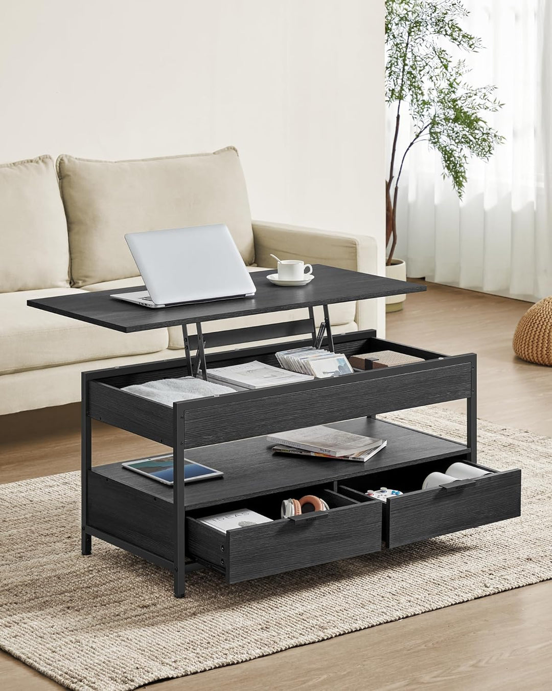 VASAGLE Couchtisch, höhenverstellbarer Wohnzimmertisch, Kaffeetisch, mit Schubladen, offenes Fach, a