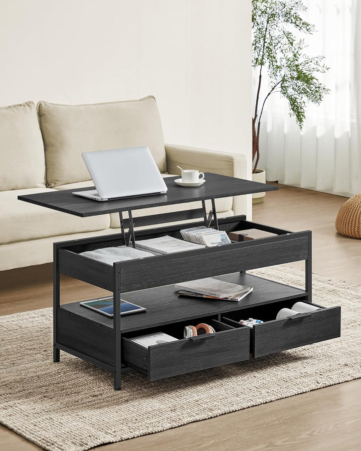 VASAGLE Couchtisch, höhenverstellbarer Wohnzimmertisch, Kaffeetisch, mit Schubladen, offenes Fach, a