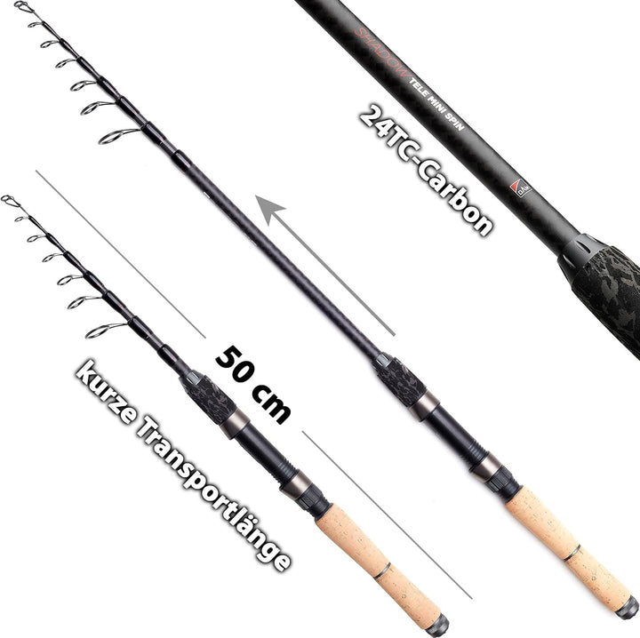 Fischzeux Angelset Forelle komplett – Mini Spin Profi Reiseruten-Set 2.40 m