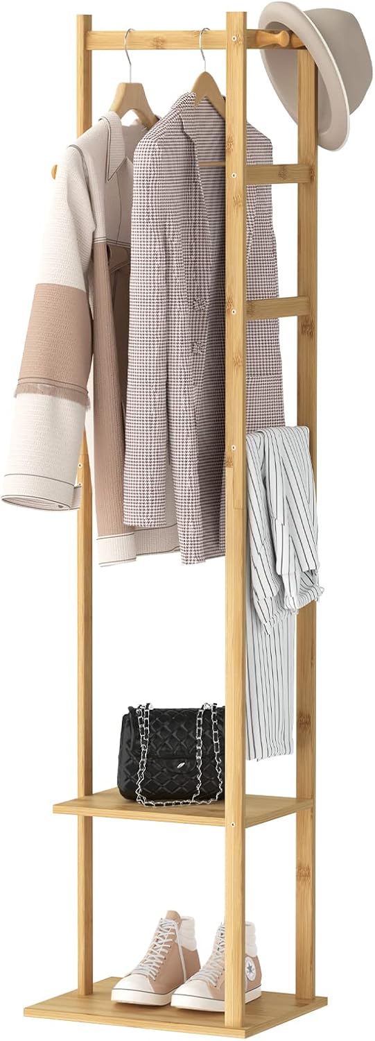 unho Garderobenständer Bambus, freistehender Kleiderständer, Garderobe mit Kleiderstange, 2 Ablagen,