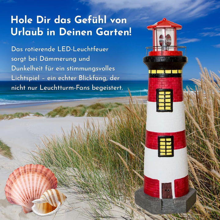 NATIV LEMODO Gartendeko Leuchtturm 83cm hoch | Handbemalte Gartenfigur mit solarbetriebenem, rotiere