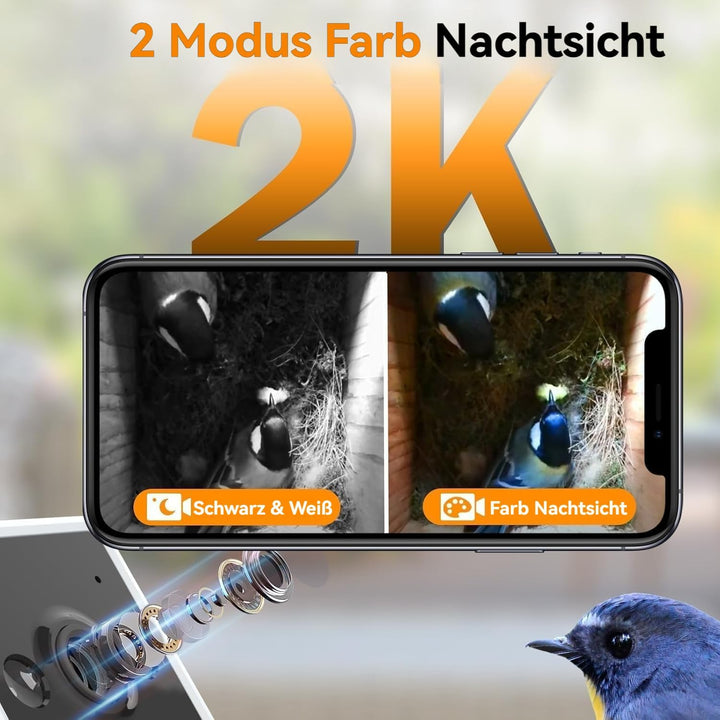 Vogelhaus mit Kamera, 4MP HD Nistkasten mit Kamera wetterfest, 2,4G WiFi & App Benachrichtigung, Beo