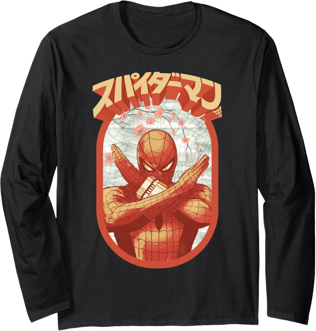 Marvel Spider-Man Retro Floral Kanji Poster Langarmshirt