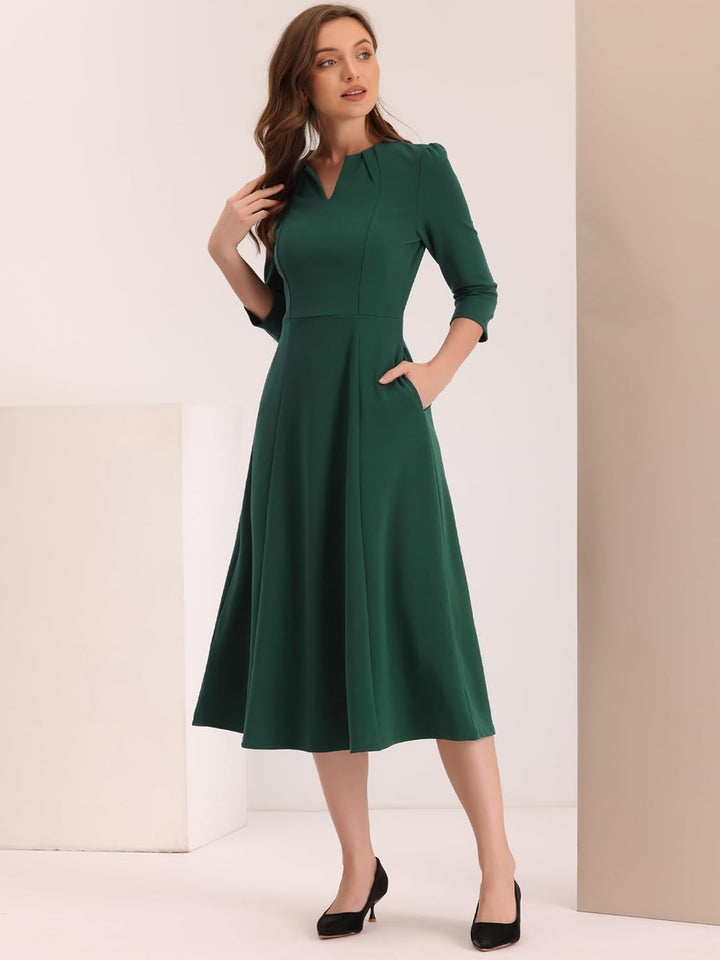 Allegra K Damen 3/4-Ärmeln A-Linie V-Ausschnitt Kleid Taschen Arbeit Elegantes Midikleid Dunkelgrün