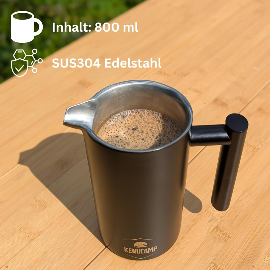 French Press 800ml – Isolierende Edelstahl Kaffeepresse (Schwarz), Doppelwandig & Langlebig, Thermo