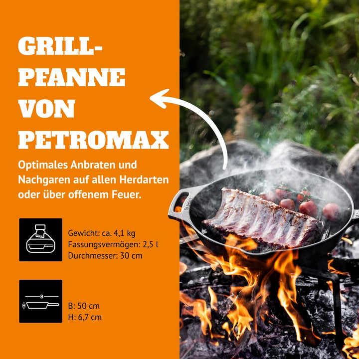 Petromax Grill-Feuerpfanne mit 2 Henkeln - Grillpfanne aus Gusseisen für alle Herdarten, Gasflamme,