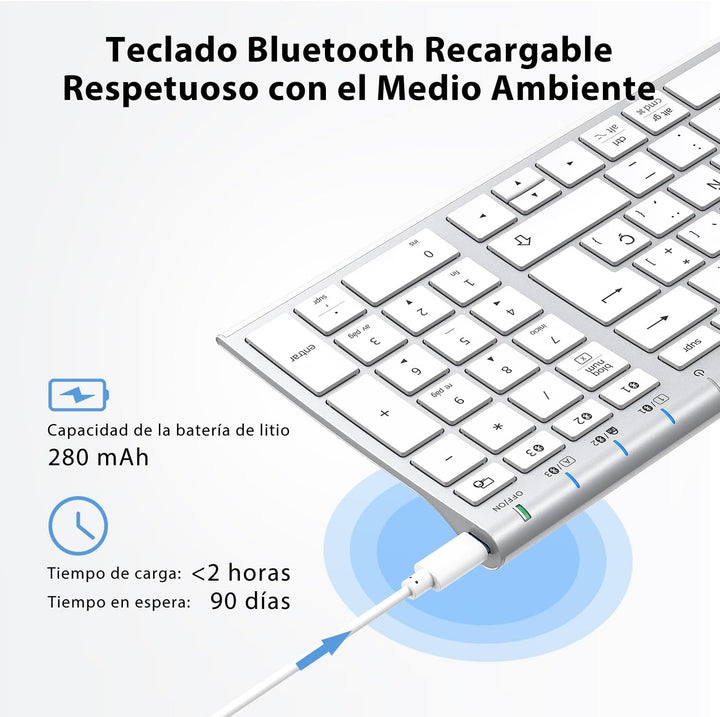 iClever Teclado Bluetooth BK10, Teclado Inalámbrico Multi Dispositivo Recargable Con Teclado Numéric