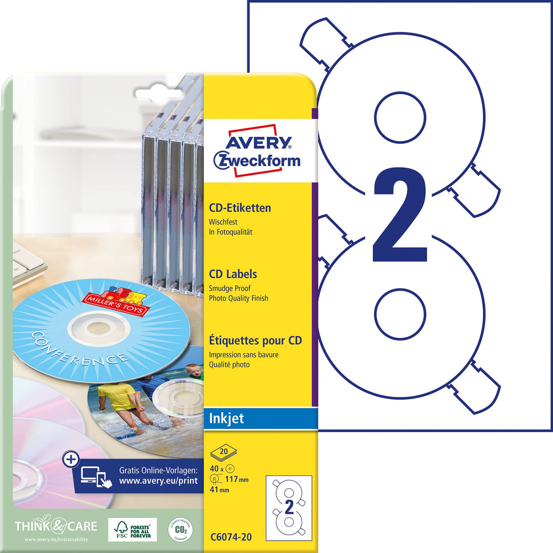 AVERY Zweckform C6074-20 selbstklebende CD-Etiketten (40 blickdichte CD-Aufkleber, Ø 117 mm auf A4,