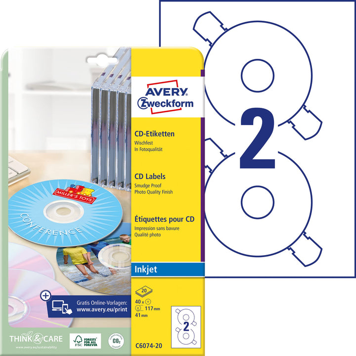 AVERY Zweckform C6074-20 selbstklebende CD-Etiketten (40 blickdichte CD-Aufkleber, Ø 117 mm auf A4,