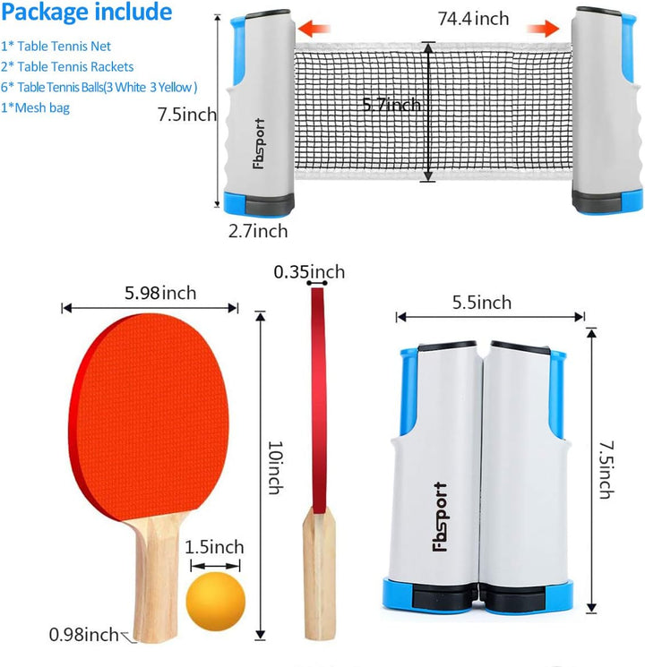 FBSPORT Tischtennis Set Profi, 2 Tischtennisschläger + Einziehbarem Netz + 6 Tischtennis-Bälle + 1 T