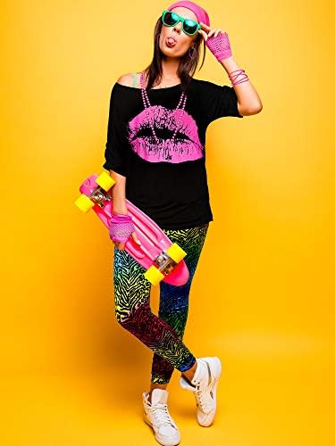 Blulu 80er Jahre Damen Kostüm Set, T Shirt, Legging Hose Ohrring Halskette Handschuhe Armband XL Far