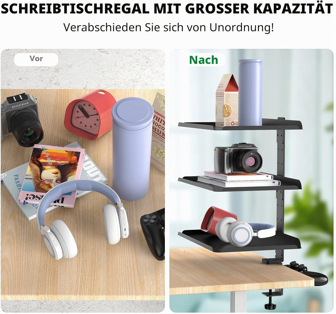 3 Stufen Clamp-On Schreibtisch Regalaufsatz mit Verstellbarem Ablagefach und Kopfhörerständer über o