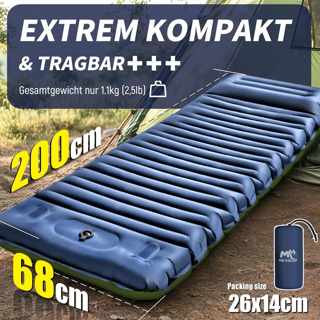 Myxslop Isomatte Camping, 12CM Aufblasbare Isomatte mit Fusspumpe &amp; Kissen Outdoor, Ultraleicht Luft