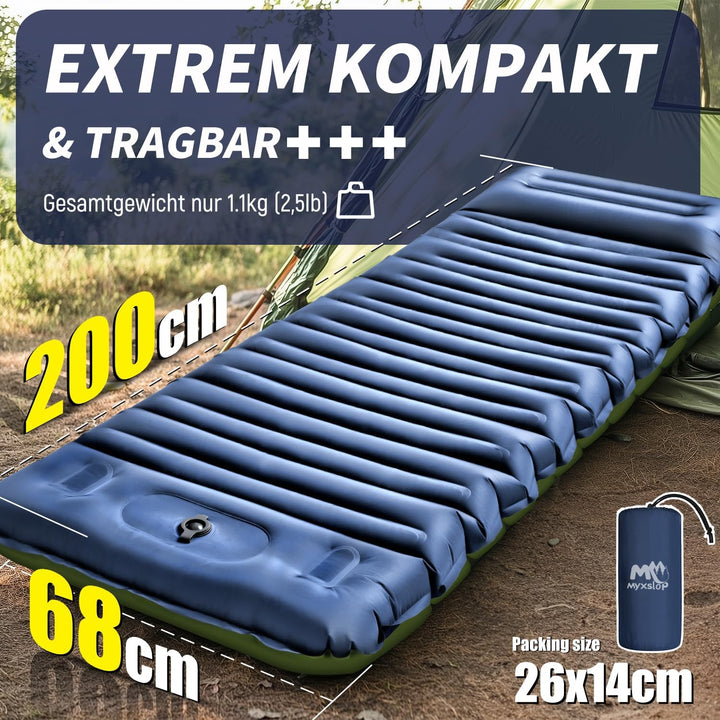 Myxslop Isomatte Camping, 12CM Aufblasbare Isomatte mit Fusspumpe &amp; Kissen Outdoor, Ultraleicht Luft
