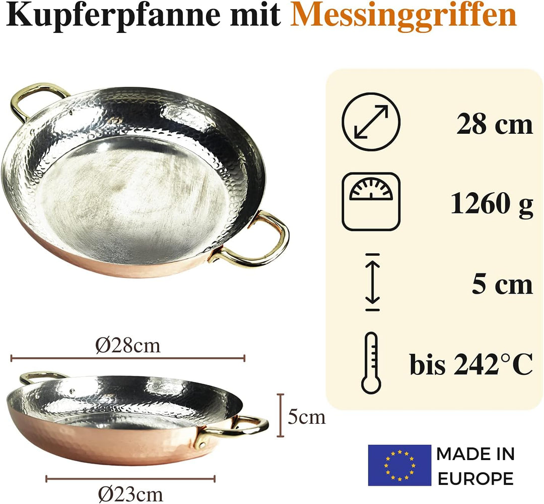 CopperGarden Kupferpfanne 28 cm mit Griffen I Mit Zinn beschichtete Pfanne aus Kupfer zur idealen Wä