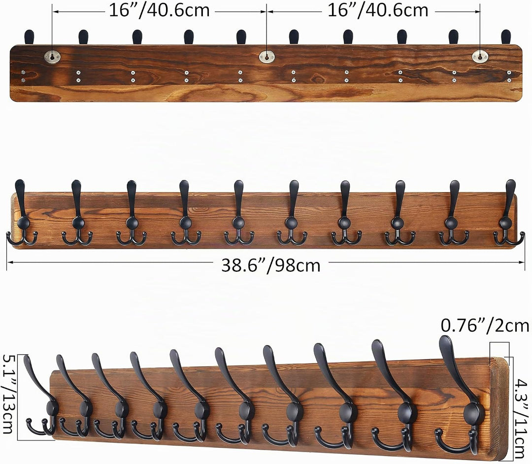 SKOLOO Garderobenleiste Holz, Vintage, Stabile Kleiderhaken Wand mit 10 Dreifachhaken, zum Aufhängen