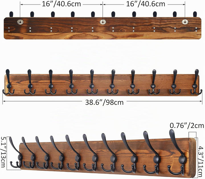 SKOLOO Garderobenleiste Holz, Vintage, Stabile Kleiderhaken Wand mit 10 Dreifachhaken, zum Aufhängen