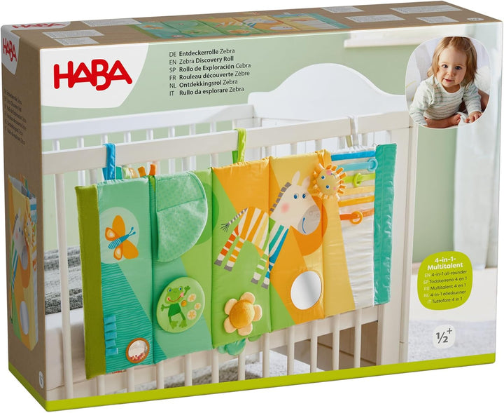 HABA Baby Entdeckerrolle Zebra – Erstes Baby-Spielzeug 4-in-1 Multitalent ab 6 Monaten mit spannende