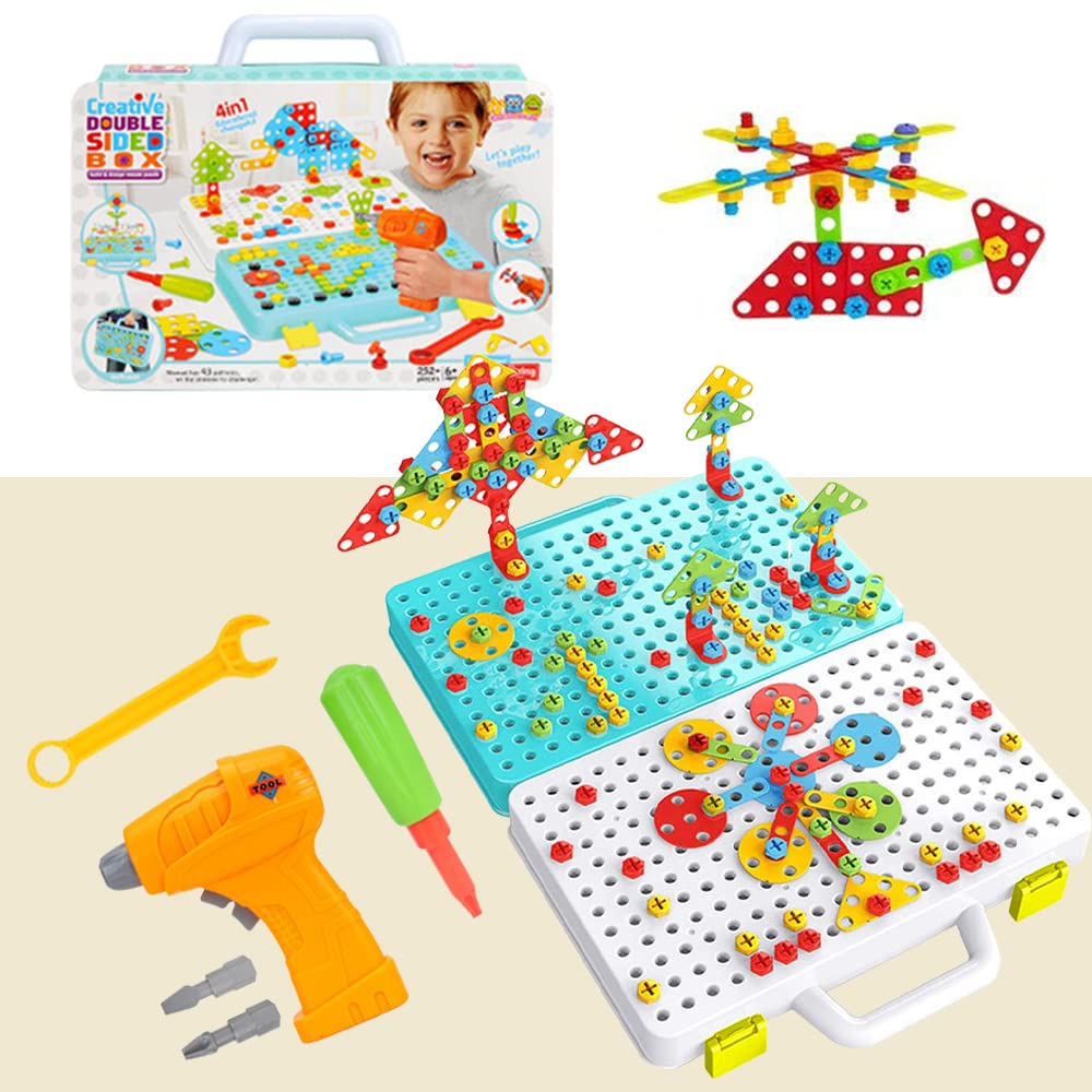 252 PCS Mosaik Steckspiel Schraube Spielzeug 3D Puzzle Mosaik Schrauben Set mit Elektronischem Bohre