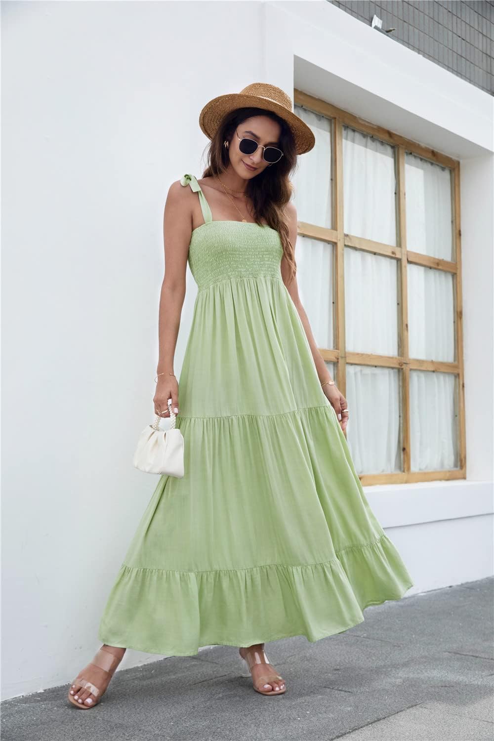 Kinstel Damen Sommer Boho Spaghetti Strap Square Neck Rüschen Casual Flowy Langes Kleid Strand Swing
