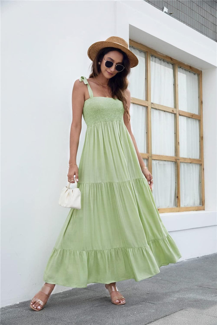 Kinstel Damen Sommer Boho Spaghetti Strap Square Neck Rüschen Casual Flowy Langes Kleid Strand Swing