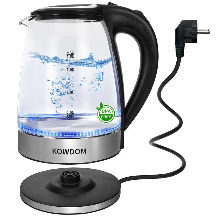 Glas-Wasserkocher 1,8L aus Borosilikatglas & BPA-frei - 2200W mit Blitzaufheizung | Automatische Abs