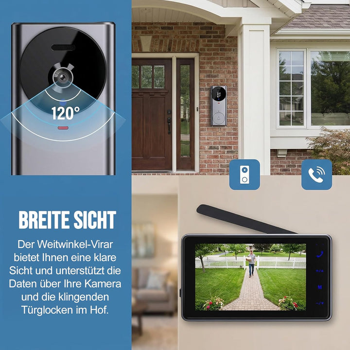 Kabellose Türklingel mit Kamera – 4,3" Monitor Videotürklingel, 2,4G Funk, Nachtsicht Funkklingel, G