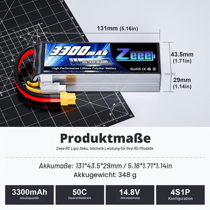 Zeee 4S Lipo Akku 14,8V 50C 3300mAh RC Batterie mit XT60 Stecker für RC Auto Truck Flugzeug Heilikop