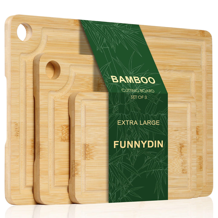Funnydin Bambus-Schneidebretter-Set von 3, unterschiedliche Grössen, Holz-Schneidebretter & Servierw