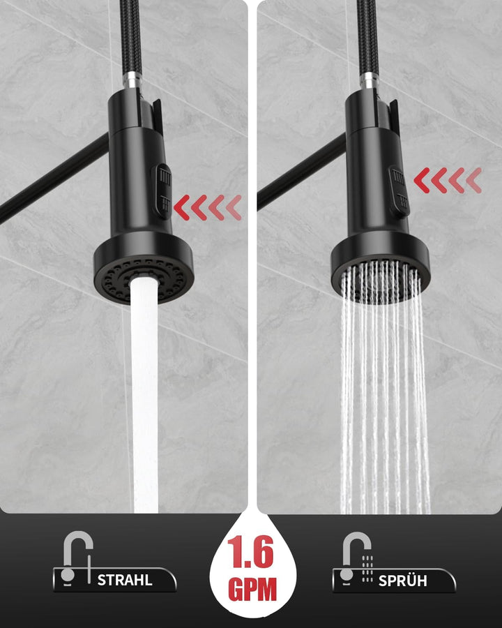 Rainsworth Wasserhahn Küche Schwarz Edelstahl - Zwei Wasserstrahlarten Hochdruck Herausziehbare Küch