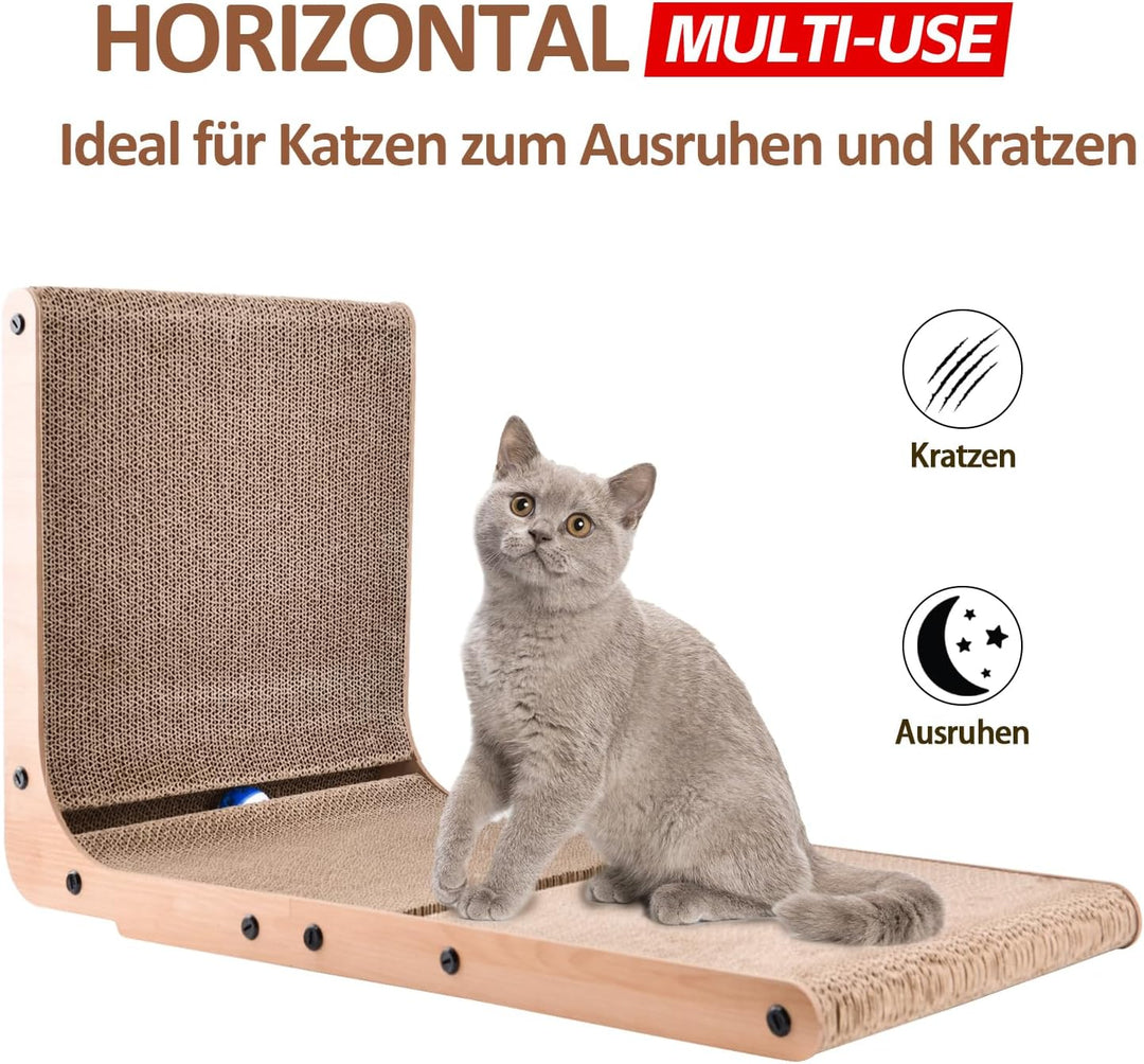 AUSCAT Kratzbrett Katzen mit Katzenspielzeug, 69 cm hohe L förmige Kratzpappe für Katzen mit 2 einge