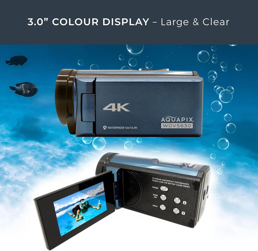 Aquapix WDV5630 Unterwasser-Camcorder, Echtes 4K-Video, Bis zu 56MP, 18x Digital-Zoom, 3" Display, B