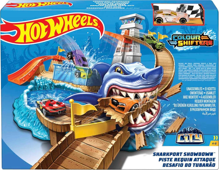 Hot Wheels BGK04 - City Color Shifters Hai-Attacke Spielset, Spielzeug Autorennbahn ab ab 4 Jahren,