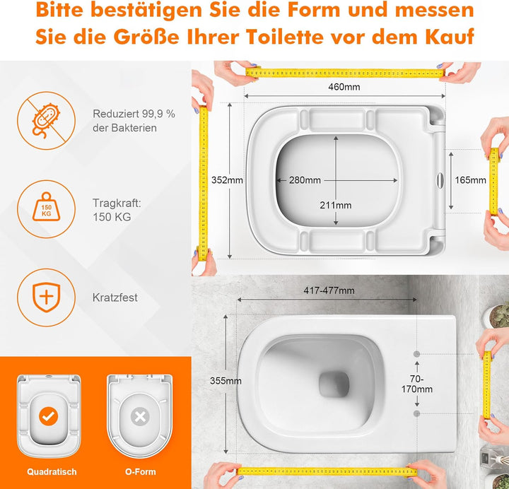 GRIFEMA WC Sitz Quadratisch - Urea-Duroplast, Antibakteriell & Vergilbungsfrei - Keramik-ähnlicher H