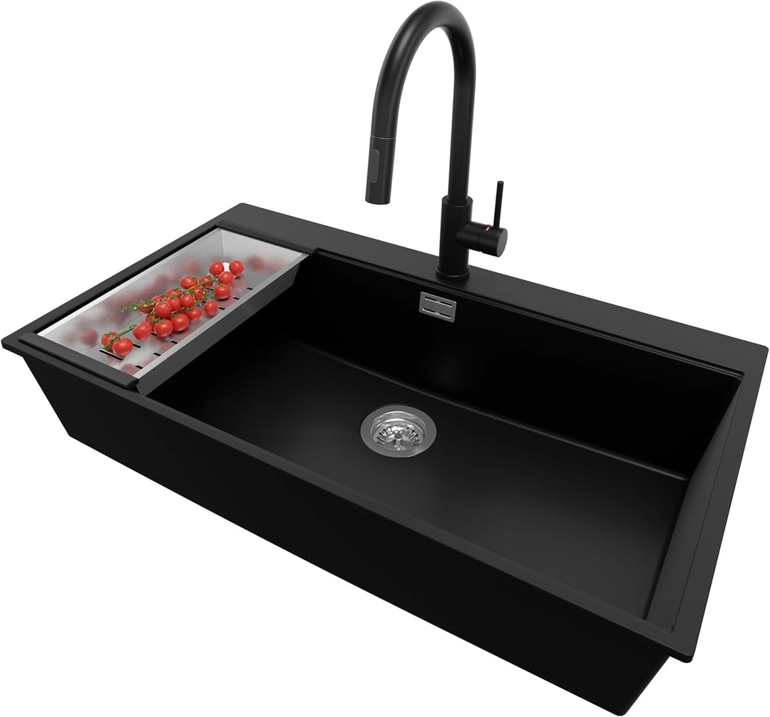 PRIMAGRAN Granitspüle Schwarz 88x50cm, Spülbecken 1 Becken + Ablauf-Set + Küchenarmatur 40x22cm, Küc