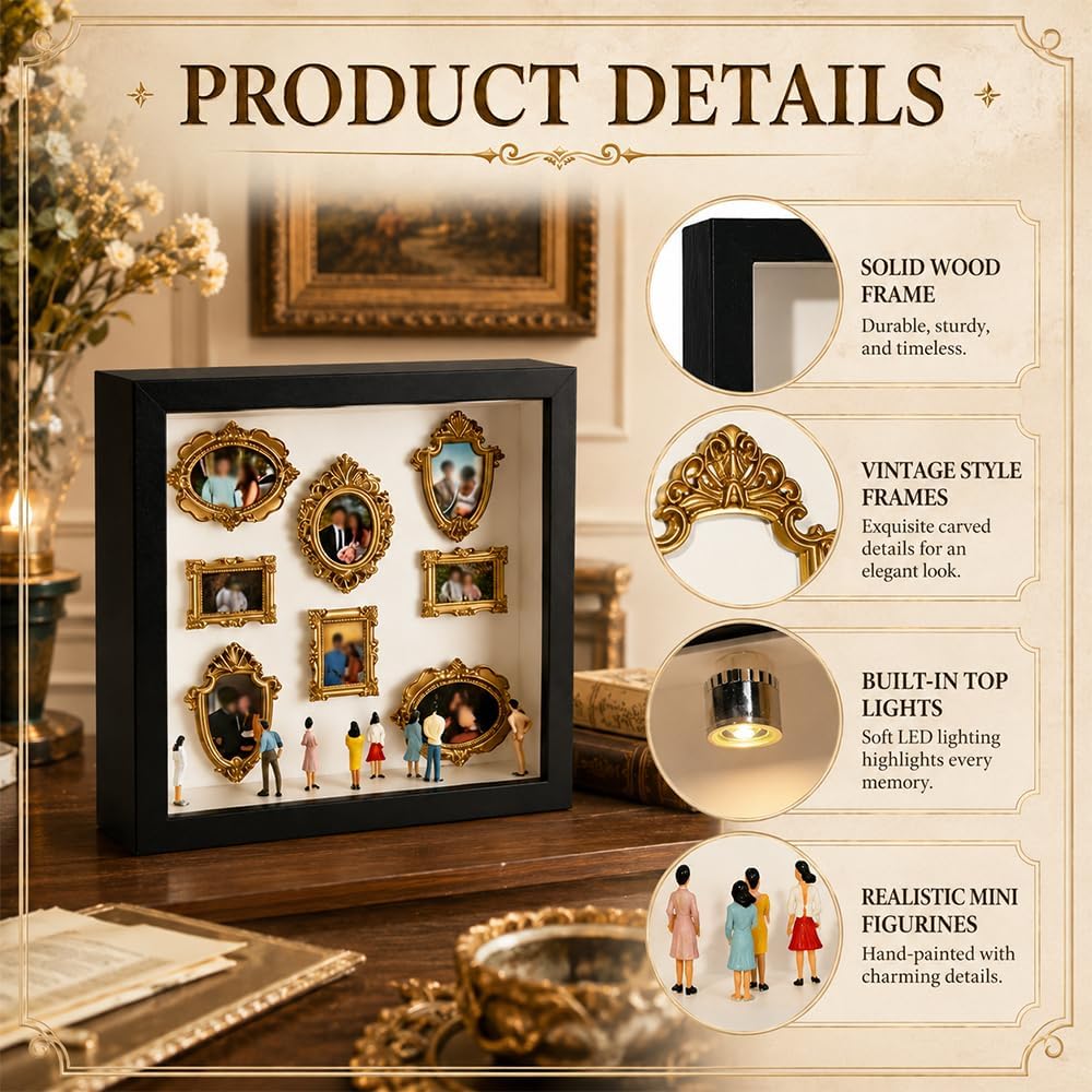 DIY Mini Museum Silhouette Box, Mini Bilderrahmen Vintage mit LED Licht, Museum of us Set mit 8 Mini