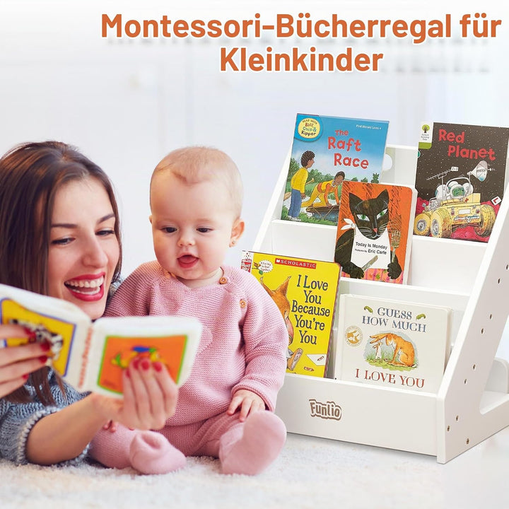 FUNLIO Montessori Bücherregal für Kleinkinder 1-5 Jahre, Nach Vor gerichtetes Bücherregal mit Griff