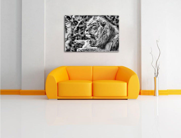 Pixxprint Monocrome, liebevoller Löwe mit Jungtier, Format: 100x70 auf Leinwand, riesige Bilder fert