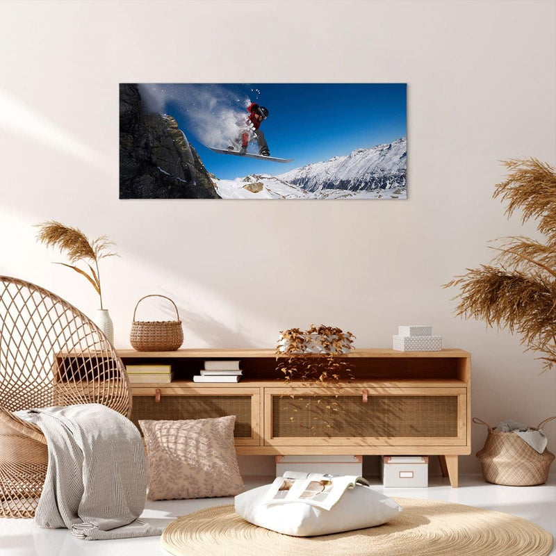 Wandbilder Dekoration Wohnzimmer Snowboard Winter Berg Gipfel Panorama Bilder auf Leinwand 120x50cm