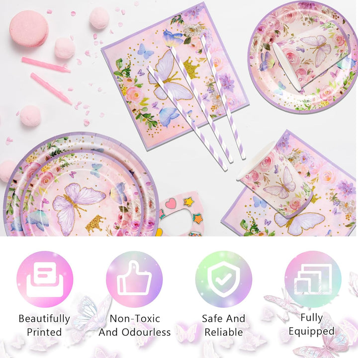 Aitsite 100 Stück Rosa Schmetterling Partygeschirr Set, Schmetterling Partyteller Geburtstag für 20