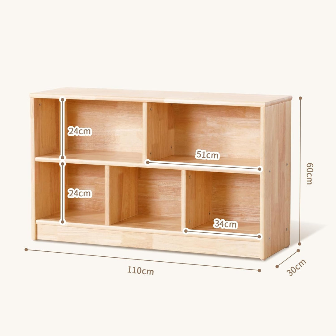 OOOK Gummiholz Kinderregal Spielzeugschrank, Bücherregal mit 2 grossen Fächern und 3 kleinen Fächern