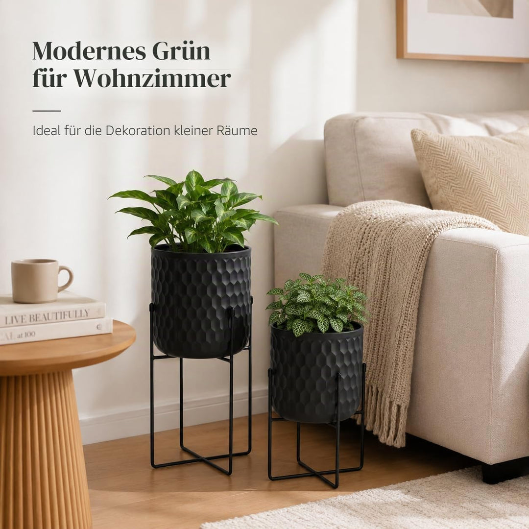 TRIROCKS Set von 2 Pflanzgefässen mit Ständer Innen Aussen Metall Pflanzenständer 45 & 31 cm hoch Mo