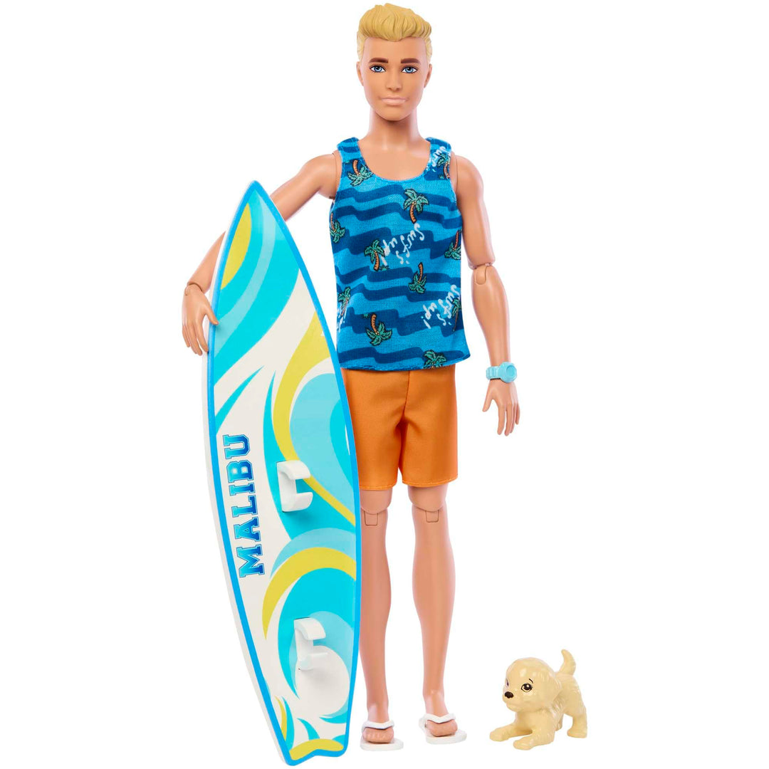 Barbie Ken Surfer Set - Bewegliche Blonde Ken-Puppe mit Surfbrett, Hündchen und Strand-Accessoires f