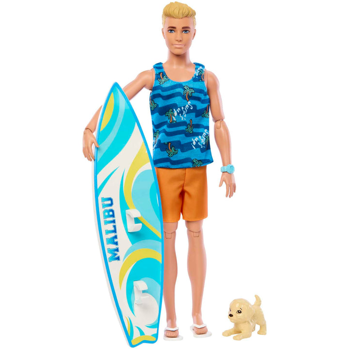 Barbie Ken Surfer Set - Bewegliche Blonde Ken-Puppe mit Surfbrett, Hündchen und Strand-Accessoires f