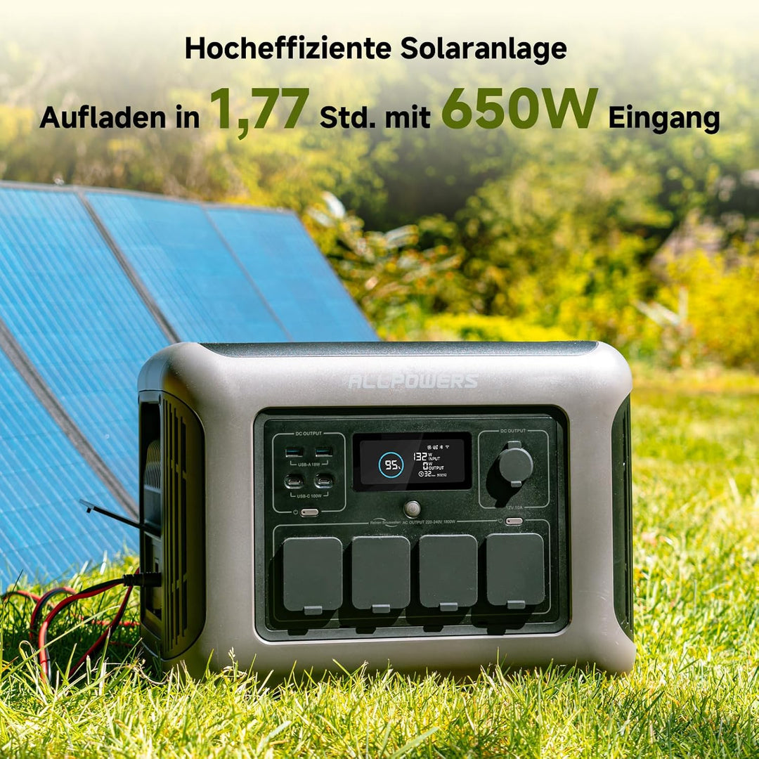 ALLPOWERS S1500 Solargenerator 1092WH Tragbare Powerstation, mit 2* 100W Solarpanel, 4*230V 1500W AC