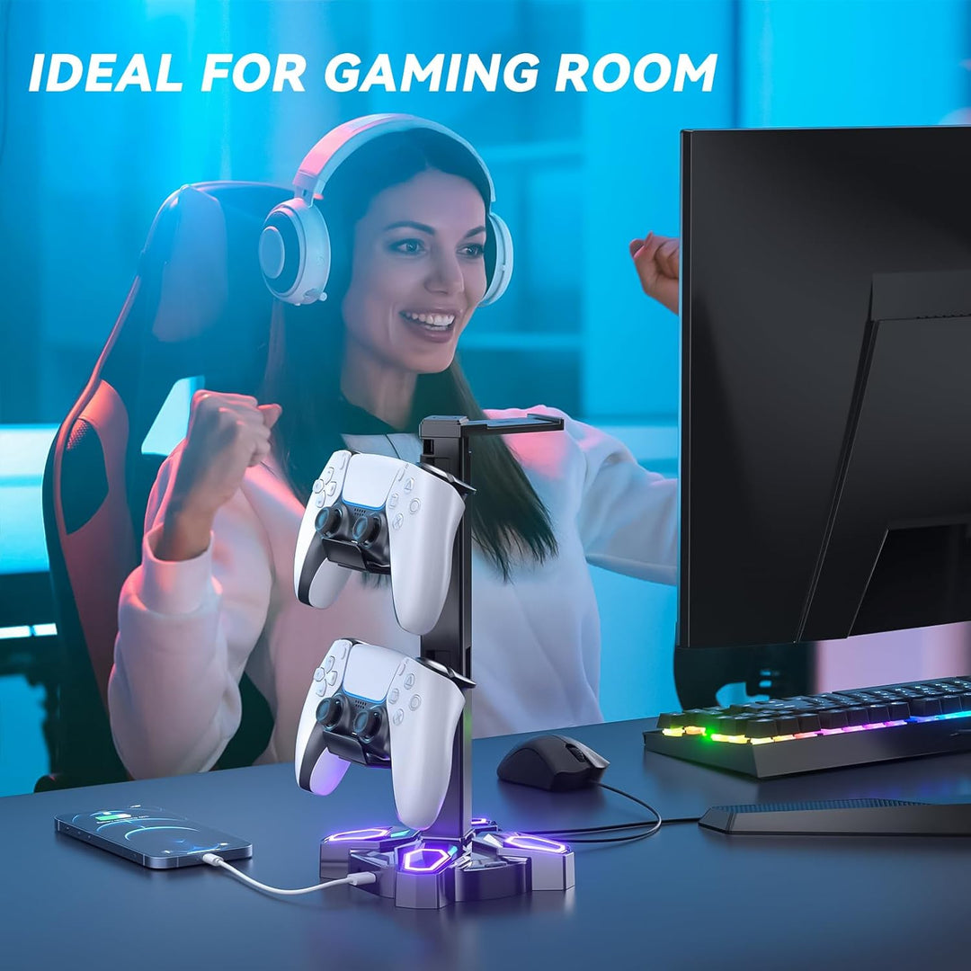 KDD Gaming Headset Halterung & Controller Halter mit 9 Lichtmodi, Universal Kopfhörer Halter mit USB