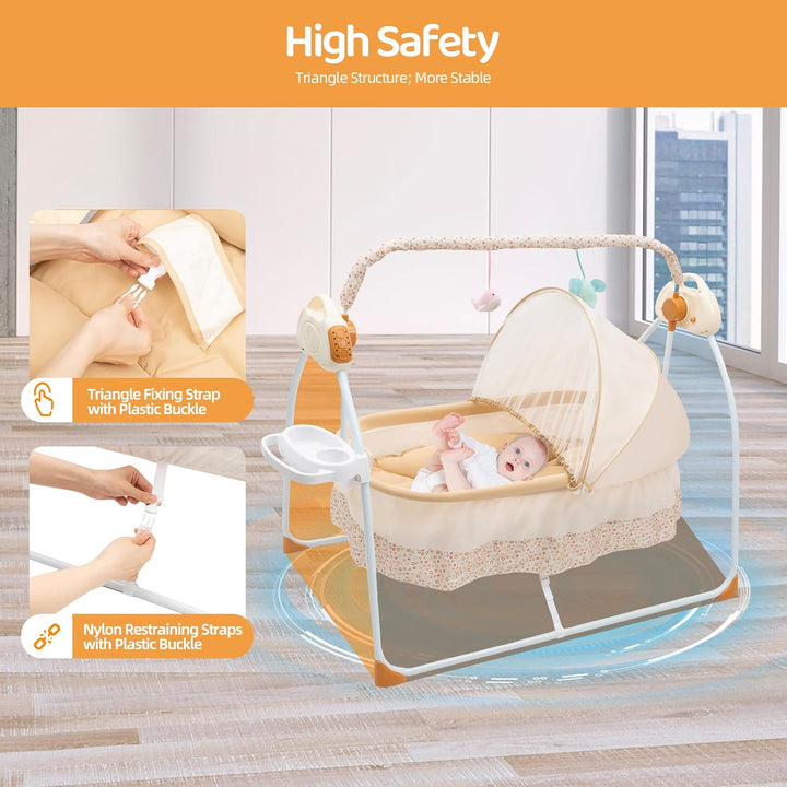 Babywiege elektrisch mit Bluetooth &amp; 12 Liedern, Babyschaukel 5 Geschwindigkeiten &amp; Timer 8-60 Min –