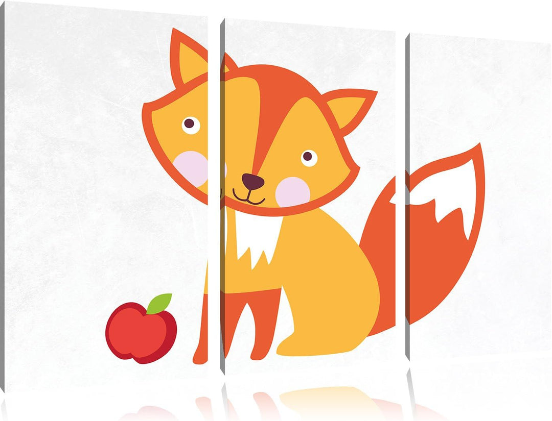 Pixxprint Niedlicher Fuchs mit Apfels als Leinwandbild/Grösse: 3 Teilig (120x80) cm/Wandbild/Kunstdr